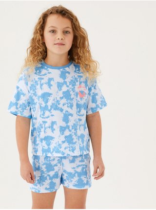 Krátka batikovaná pyžamová súprava z čistej bavlny, 2 ks Marks & Spencer modrá