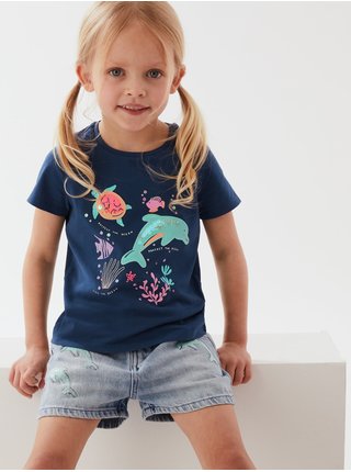 Tričko z čisté bavlny s flitry a motivem delfína (2–7 let) Marks & Spencer námořnická modrá