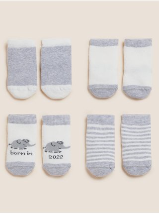 Dětské ponožky s vysokým podílem bavlny a nápisem „Born in 2022“, 4 ks Marks & Spencer šedá