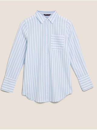 Pruhovaná predĺžená košeľa z čistej bavlny Marks & Spencer modrá
