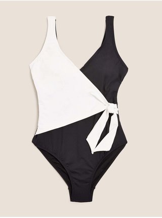 Jednobarevné dekoltové zavinovací plavky Marks & Spencer černá