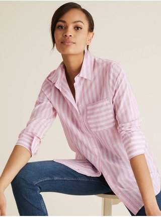 Pruhovaná prodloužená košile z čisté bavlny Marks & Spencer růžová