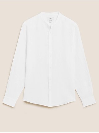 Košile bez límečku z čistého lnu Marks & Spencer bílá