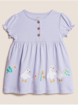 Šaty z čisté bavlny s potiskem kachen (0–3 roky) Marks & Spencer fialová