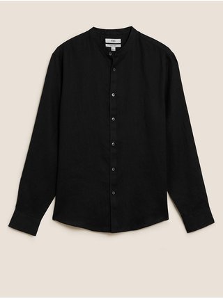 Košile bez límečku z čistého lnu Marks & Spencer černá