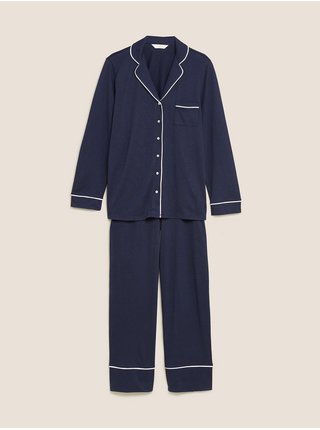 Bavlněná pyžamová souprava s modalem a fazonkovým límcem Marks & Spencer námořnická modrá