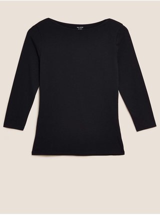 Priliehavý bavlnený top s 3/4 rukávmi Marks & Spencer čierna