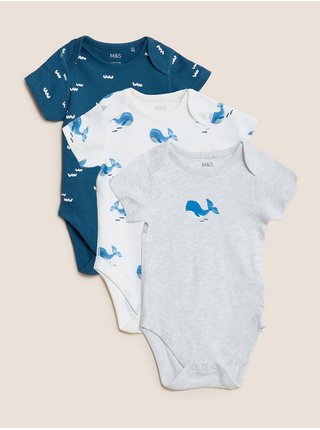 Body z čisté bavlny s motivem velryby, sada 3 ks (3 kg – 3 roky) Marks & Spencer modrá