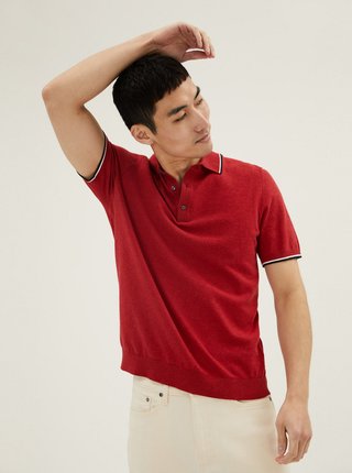 Červené pánské polo tričko s vysokým podílem bavlny a kontrastními lemy Marks & Spencer