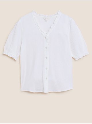Vzorovaný top z čistej bavlny s krátkymi rukávmi Marks & Spencer smotanová