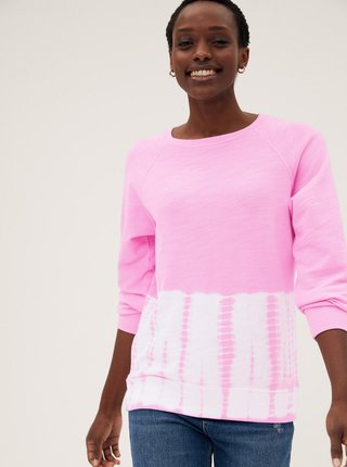 Batikovaná mikina z čisté bavlny s kulatým výstřihem Marks & Spencer růžová