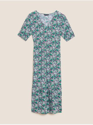 Nabírané midi šaty s výstřihem do V a drobným květovaným vzorem Marks & Spencer zelená