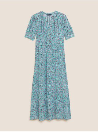 Naberané midi šaty s drobným kvetinovým vzorom a gombíkmi vpredu Marks & Spencer zelená