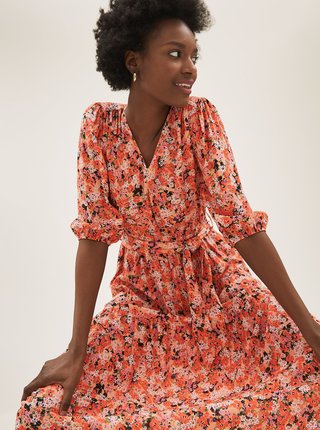 Midi šaty s výstrihom do V, drobným kvetovaným vzorom a zaväzováním vpredu Marks & Spencer viacfarebné