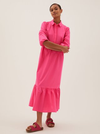 Krátké košilové midi šaty z čisté bavlny Marks & Spencer růžová