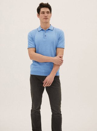 Pletená polokošile s vysokým podílem bavlny a kontrastními lemy Marks & Spencer modrá