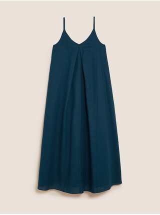 Natahovací plisované midi šaty s výstřihem do V a vysokým podílem lnu Marks & Spencer námořnická modrá