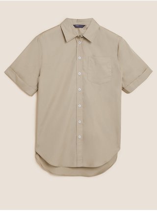 Košile s límečkem a krátkým rukávem z čisté bavlny Marks & Spencer béžová