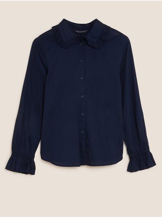Košeľa normálneho strihu s volánmi, z čistej bavlny Marks & Spencer námornícka modrá