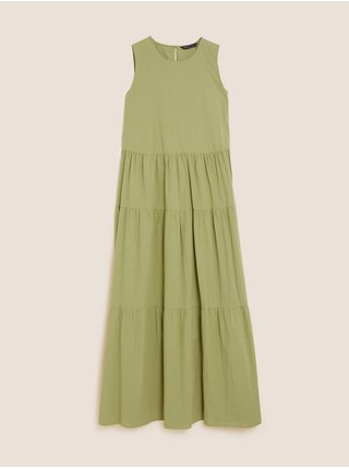 Naberané midaxi šaty z čistej bavlny Marks & Spencer zelená