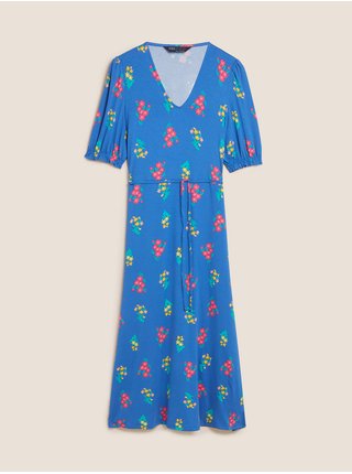 Květované žerzejové neformální midi šaty s výstřihem do V Marks & Spencer modrá