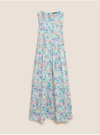 Viacfarebné dámské kvetované naberané maxi šaty z čistej bavlny Marks & Spencer