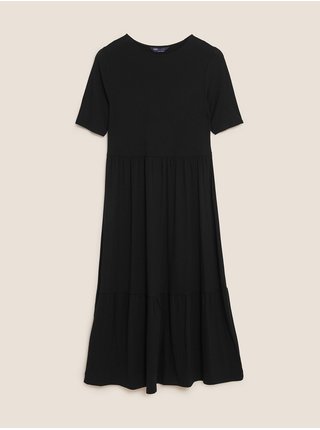 Žerzejové nabírané midi šaty s krátkým rukávem Marks & Spencer černá