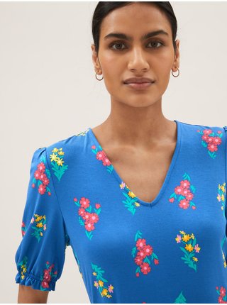 Květované žerzejové neformální midi šaty s výstřihem do V Marks & Spencer modrá
