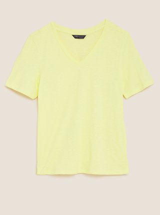 Tričko s výstřihem do V z čisté bavlny, rovný střih Marks & Spencer žlutá