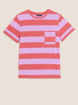 Proužkované tričko z čisté bavlny s kapsou Marks & Spencer růžová