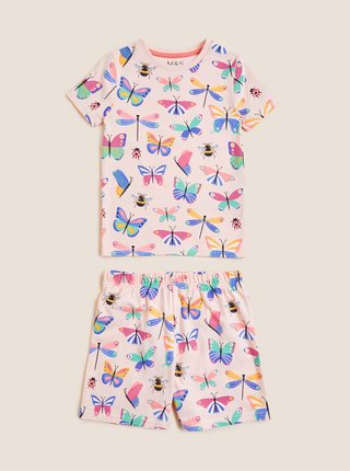 Krátké pyžamo s motýlím potiskem a vysokým podílem bavlny (12 měsíců – 7 let) Marks & Spencer růžová