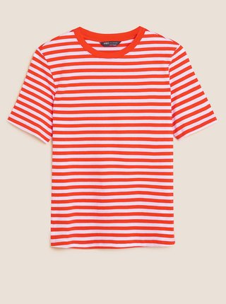 Pruhované tričko ku krku z čistej bavlny Marks & Spencer oranžová