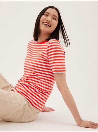 Pruhované tričko ku krku z čistej bavlny Marks & Spencer oranžová