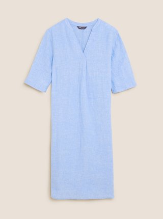 Tunika z čistého lnu s tříčtvrtečními rukávy a výstřihem do V Marks & Spencer modrá