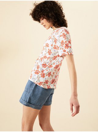 Krémové dámské květované volné tričko s příměsí lnu Marks & Spencer