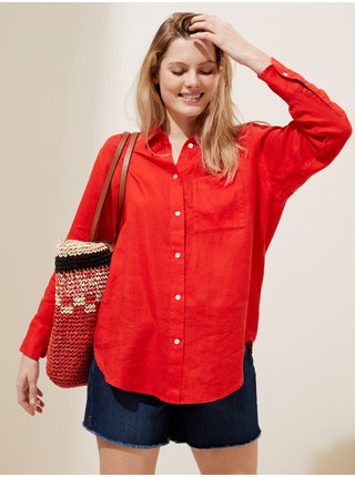 Rozmerná košeľa s dlhými rukávmi z čistého ľanu Marks & Spencer červená