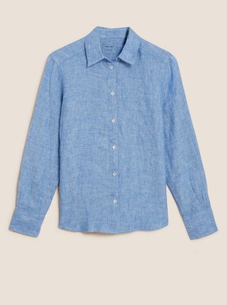 Košeľa s dlhým rukávom z čistého ľanu Marks & Spencer modrá
