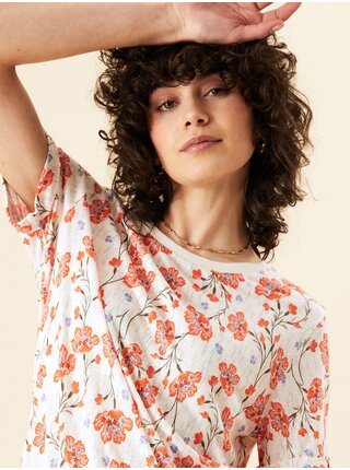 Krémové dámské květované volné tričko s příměsí lnu Marks & Spencer