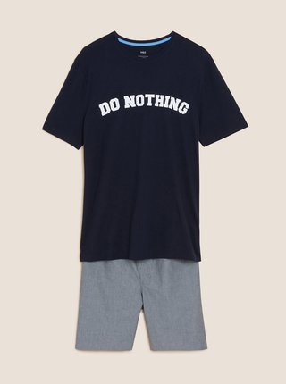 Pyžamová souprava z čisté bavlny s nápisem „Do Nothing“ Marks & Spencer námořnická modrá