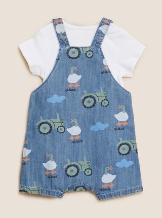Dvoudílný outfit s kalhotami s laclem a motivem traktoru, z čisté bavlny (0–3 roky) Marks & Spencer námořnická modrá