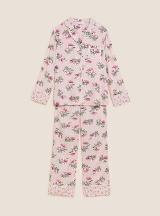 Květovaná pyžamová souprava z tkané viskózy Marks & Spencer růžová