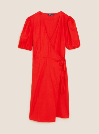 Zavinovacie mini šaty zo zmesi ľanu s výstrihom do V Marks & Spencer červená