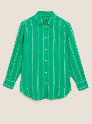 Pruhovaná košile velikosti maxi ve stylu Girlfriend, z čistého lnu Marks & Spencer zelená