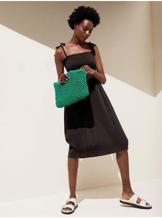 Nabírané midi šaty s hranatým výstřihem Marks & Spencer černá