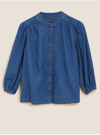 Džínová košile s nabíranými rukávy, bez límečku Marks & Spencer námořnická modrá