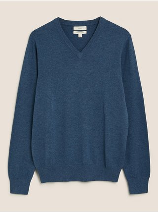 Čisto bavlnený sveter s výstrihom do V Marks & Spencer modrá