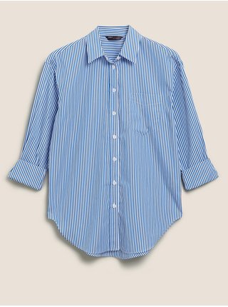 Pruhovaná košeľa veľkosti maxi z čistej bavlny Marks & Spencer modrá