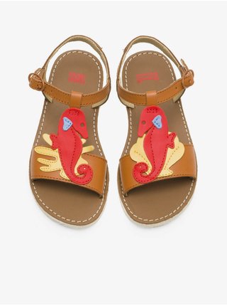 Červeno-hnedé dievčenské kožené sandále Camper