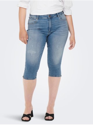 Modré tříčtvrteční slim fit džíny s vyšisovaným efektem ONLY CARMAKOMA Laola