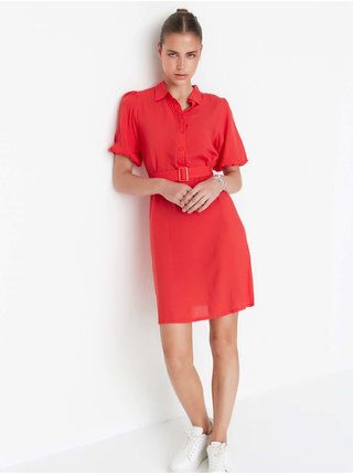 Červené krátke košeľové šaty s opaskom Trendyol